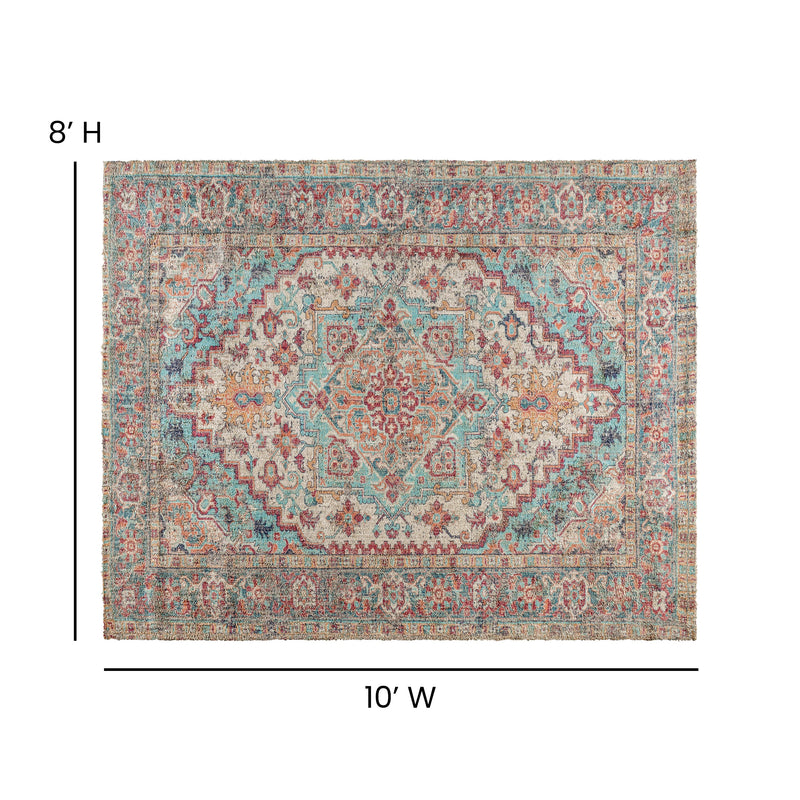 Blue Multicolor Distressed Vintage Medallion Area Rug - Micro Polyester