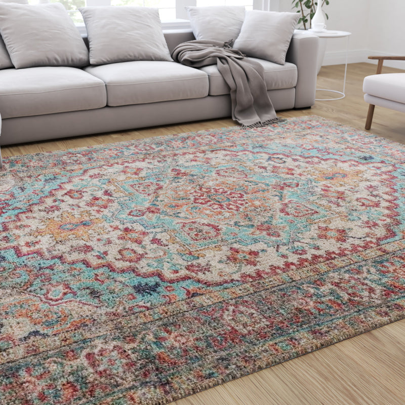 Blue Multicolor Distressed Vintage Medallion Area Rug - Micro Polyester