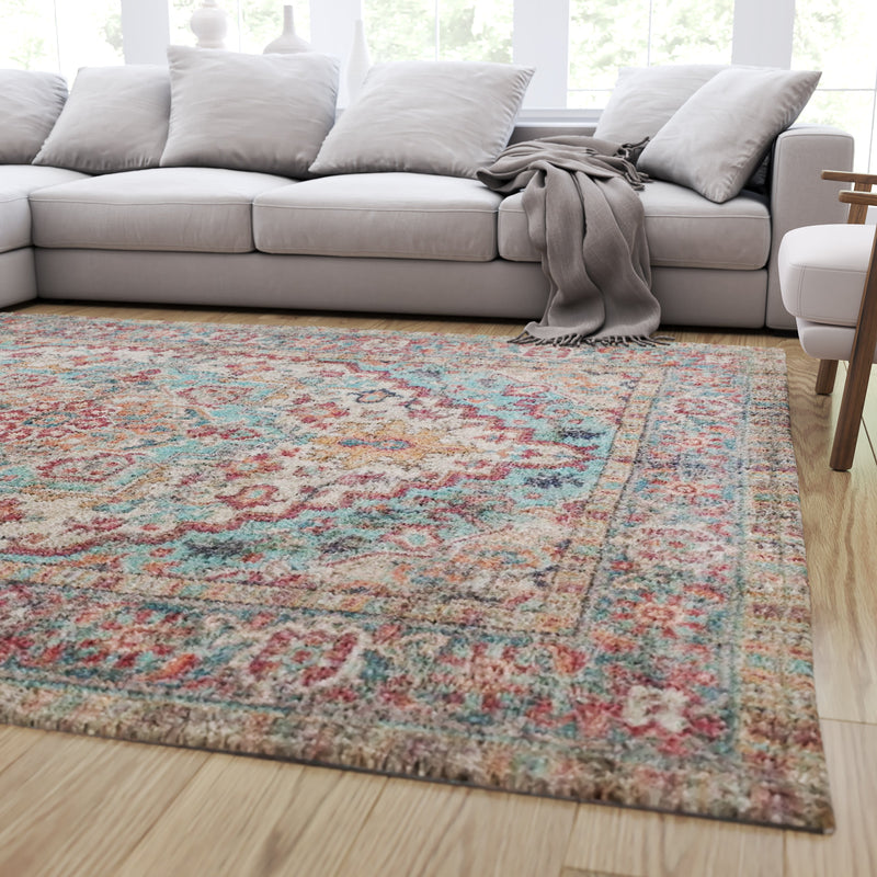 Blue Multicolor Distressed Vintage Medallion Area Rug - Micro Polyester