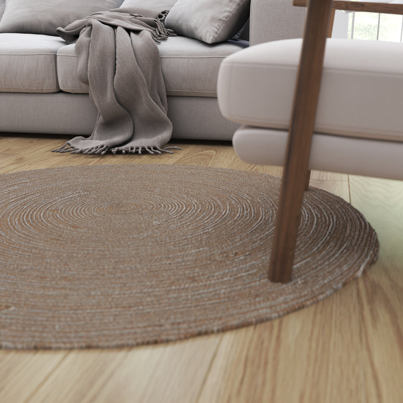 4 Foot Round Jute and Polyester Blend Indoor Braided Design Area Rug
