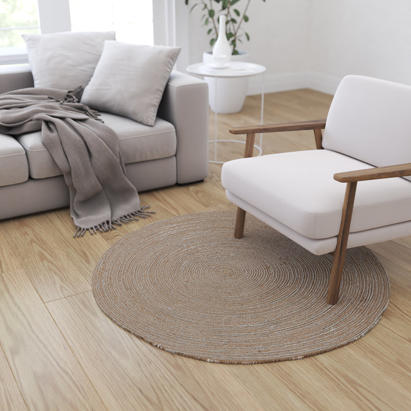 4 Foot Round Jute and Polyester Blend Indoor Braided Design Area Rug