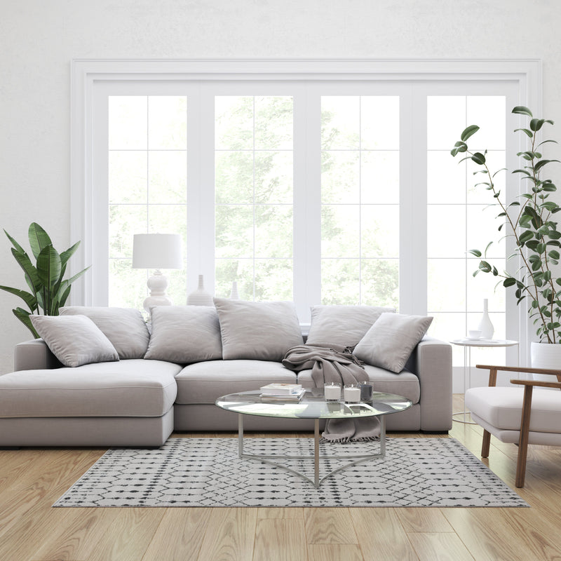 Ivory Bohemian Low Pile Rug with Geometric Design