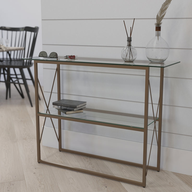 Harlowe Console Table Modern Clear Glass Sofa Table with Gold Crisscross Frame and 2 Tempered Glass Shelves