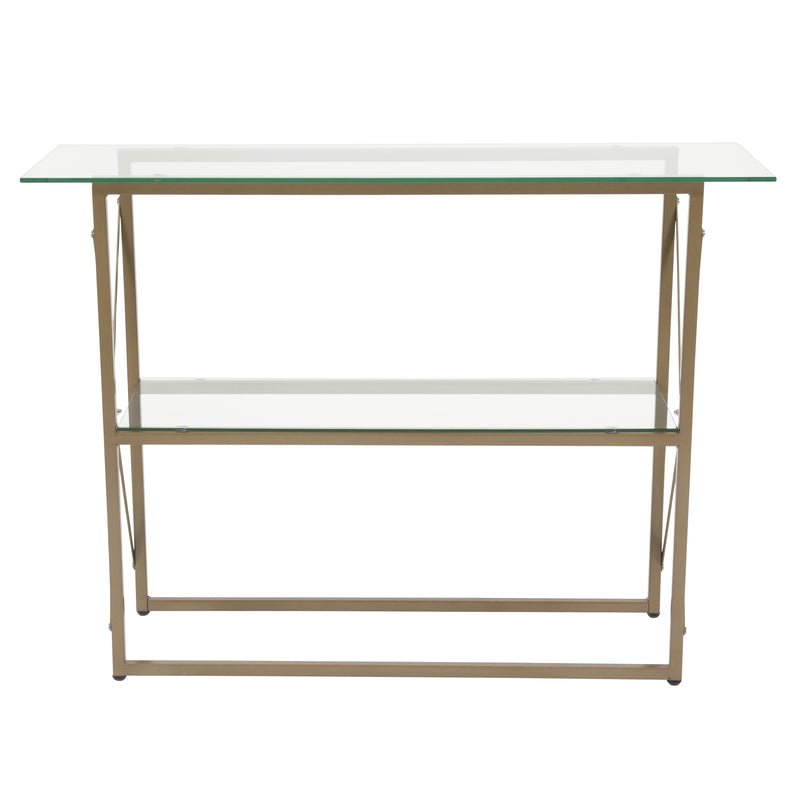 Harlowe Console Table Modern Clear Glass Sofa Table with Gold Crisscross Frame and 2 Tempered Glass Shelves