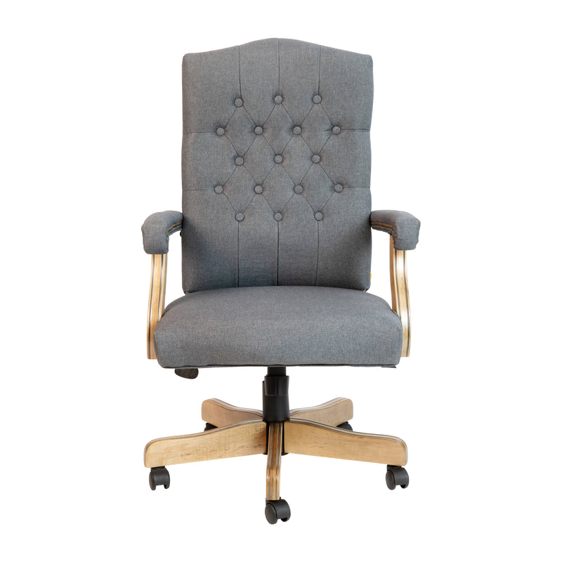 Versailles Grey Fabric Victorian Style 360° Swivel High-Back Office Chair With Driftwood Arms And Base