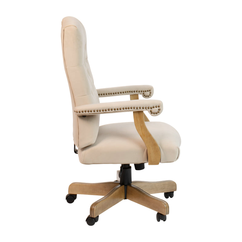 Versailles Ultra-Suede Victorian Style 360° Swivel High-Back Office Chair With Padded Scrolled Arms and Wood Capped Metal Base