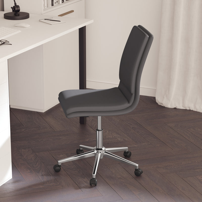 Artemis Mid-Back Armless Home Office Chair with Height Adjustable Swivel Seat and Five Star Chrome Base, Gray Faux Leather