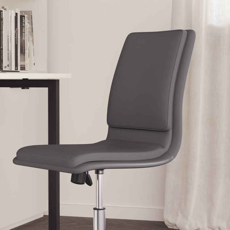 Artemis Mid-Back Armless Home Office Chair with Height Adjustable Swivel Seat and Five Star Chrome Base, Gray Faux Leather