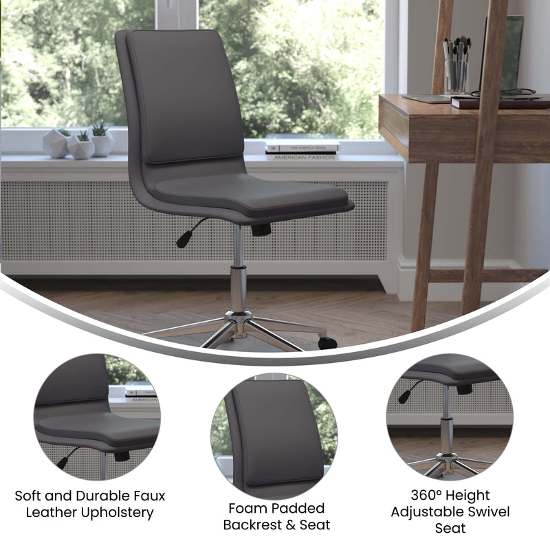 Artemis Mid-Back Armless Home Office Chair with Height Adjustable Swivel Seat and Five Star Chrome Base, Gray Faux Leather