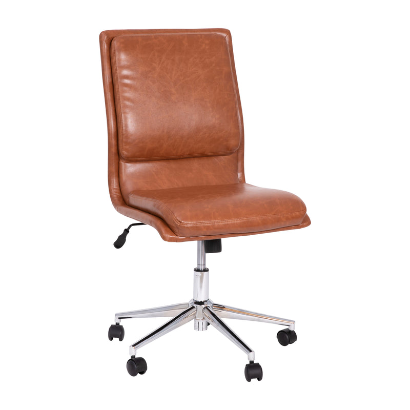 Artemis Mid-Back Armless Home Office Chair with Height Adjustable Swivel Seat and Five Star Chrome Base, Cognac Faux Leather