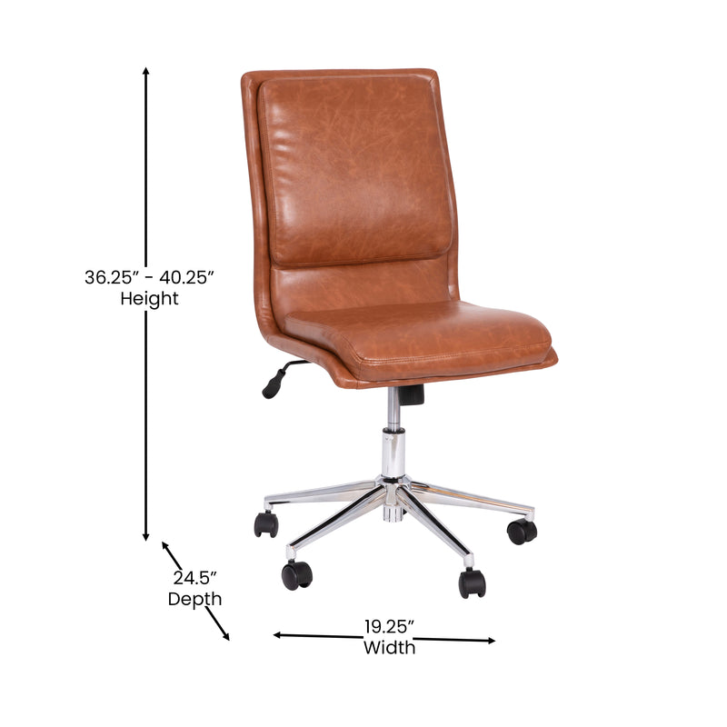 Artemis Mid-Back Armless Home Office Chair with Height Adjustable Swivel Seat and Five Star Chrome Base, Cognac Faux Leather