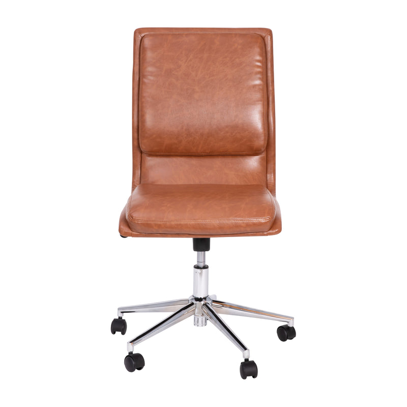 Merrick Lane Artemis Mid-Back Armless Home Office Chair with Height Adjustable Swivel Seat and Five Star Chrome Base, Cognac Faux Leather - Brown