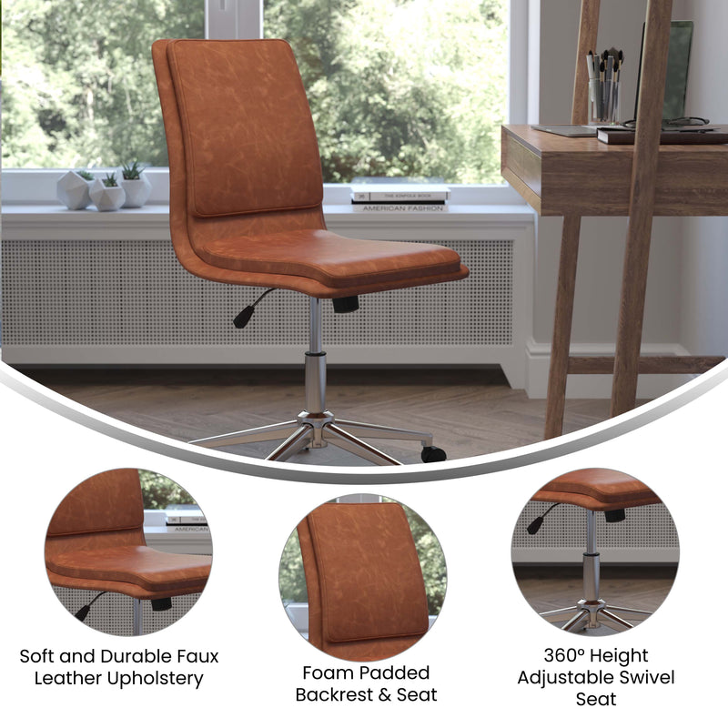 Artemis Mid-Back Armless Home Office Chair with Height Adjustable Swivel Seat and Five Star Chrome Base, Cognac Faux Leather