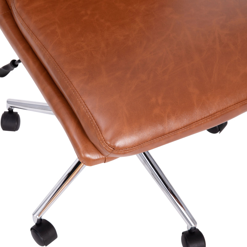 Artemis Mid-Back Armless Home Office Chair with Height Adjustable Swivel Seat and Five Star Chrome Base, Cognac Faux Leather