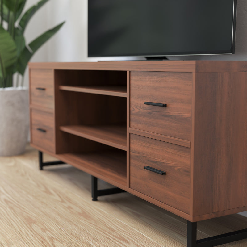 Cambridge Three Shelf and Four Drawer TV Stand in Rustic Wood Grain Finish with Square Metal Legs