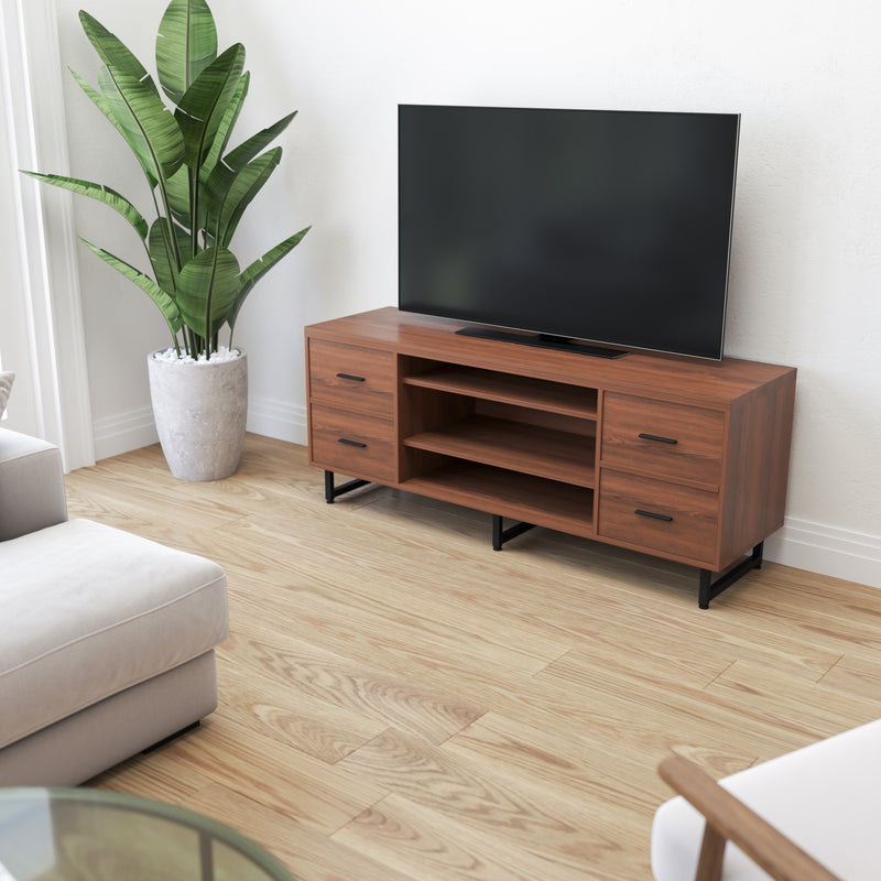 Cambridge Three Shelf and Four Drawer TV Stand in Rustic Wood Grain Finish with Square Metal Legs