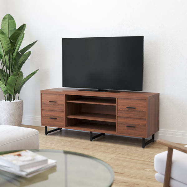 Cambridge Three Shelf and Four Drawer TV Stand in Rustic Wood Grain Finish with Square Metal Legs