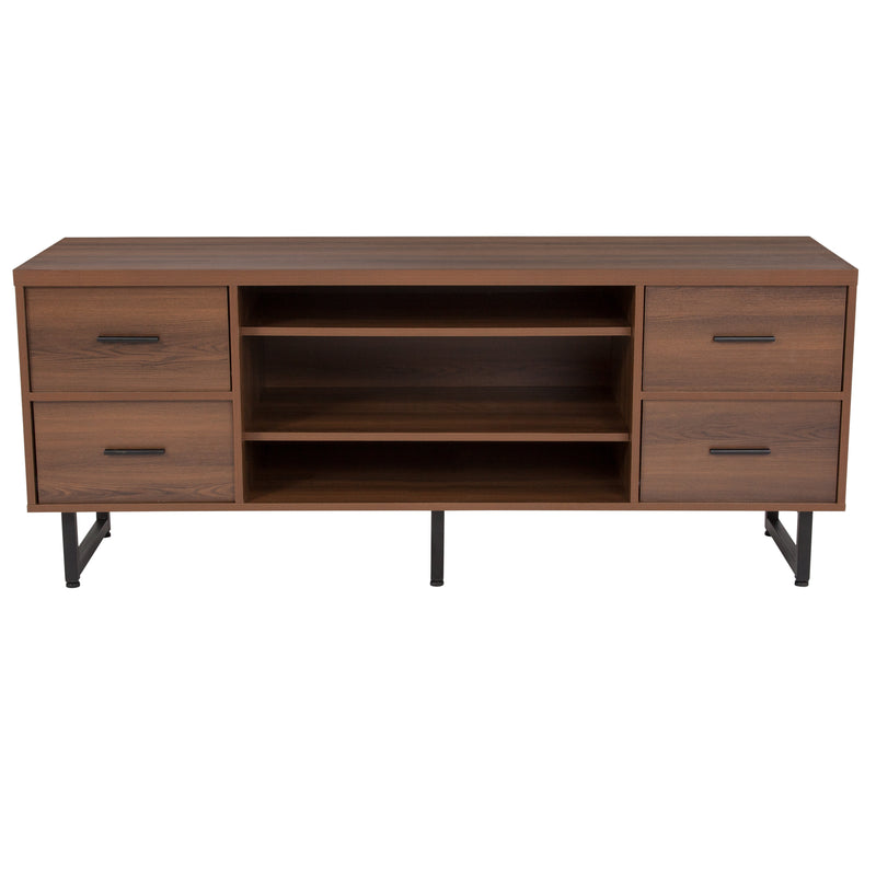 Cambridge Three Shelf and Four Drawer TV Stand in Rustic Wood Grain Finish with Square Metal Legs