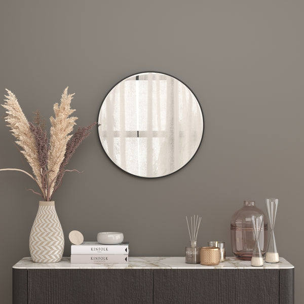 Monaco 24" Round Accent Mirror Round Black Metal Framed Wall Mount Mirror for Bathroom, Vanity, Entryway, Dining Room, & Living Room