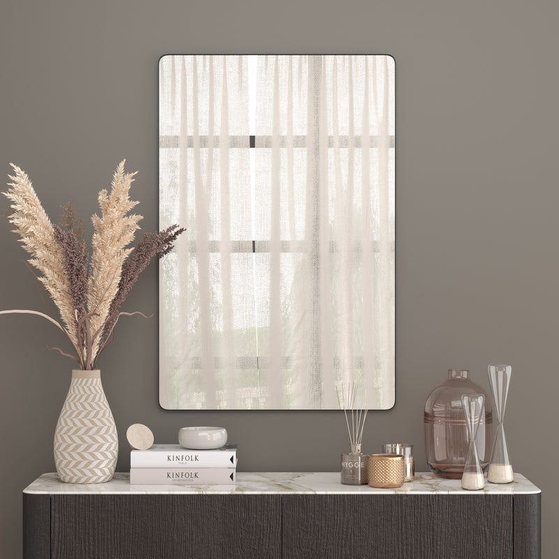 Halstead 24" x 36" Hanging Rectangular Mirror Modern Black Metal Frame Bordered Wall Mount Mirror with Rounded Corners