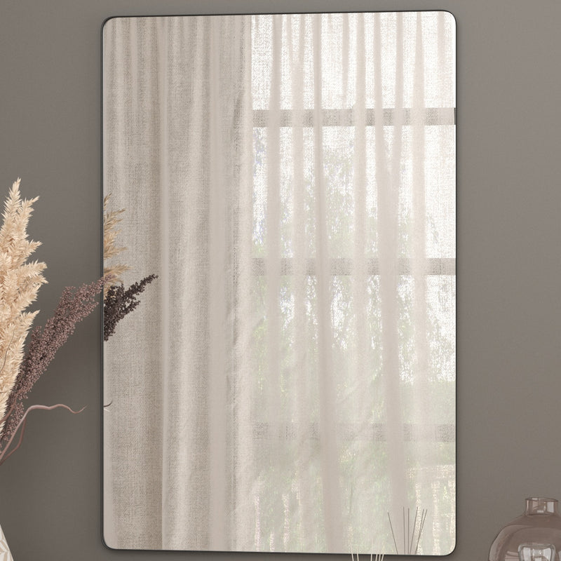 Halstead 24" x 36" Hanging Rectangular Mirror Modern Black Metal Frame Bordered Wall Mount Mirror with Rounded Corners
