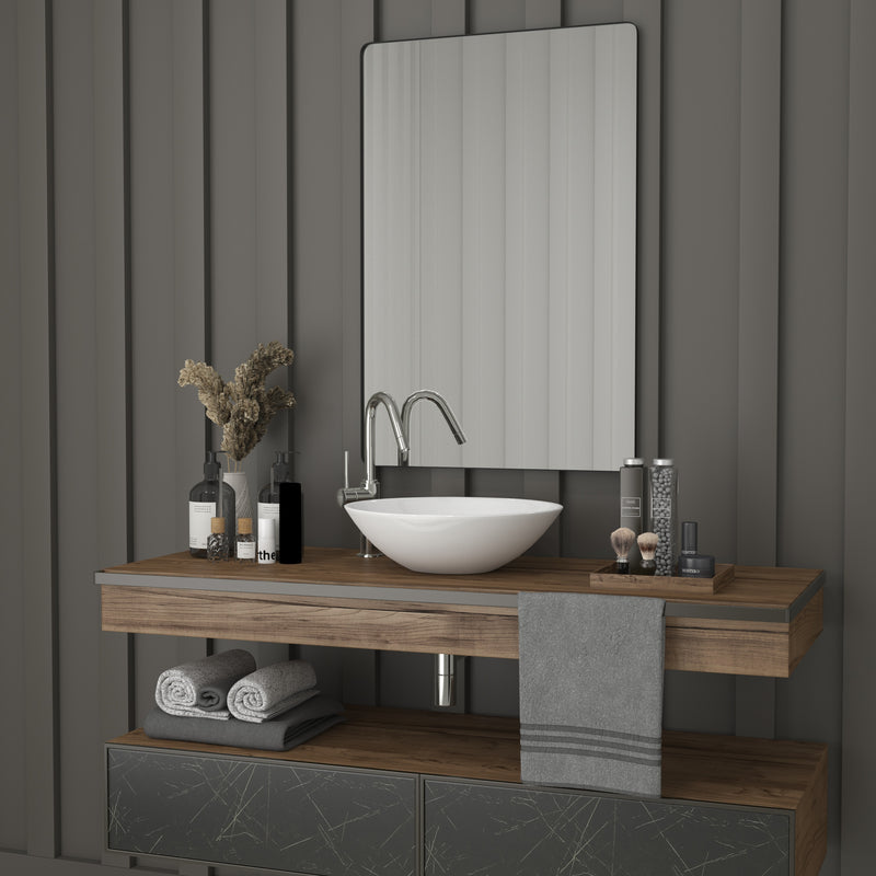 Halstead 24" x 36" Hanging Rectangular Mirror Modern Black Metal Frame Bordered Wall Mount Mirror with Rounded Corners