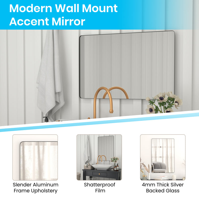 Halstead 24" x 36" Hanging Rectangular Mirror Modern Black Metal Frame Bordered Wall Mount Mirror with Rounded Corners