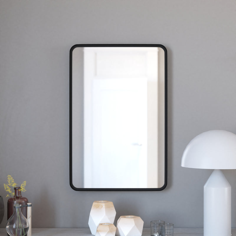 Halstead 20" x 30" Matte Black Decorative Wall Mirror with Rounded Corners for Bathroom, Living Room, Entryway, Hangs Horizontal Or Vertical