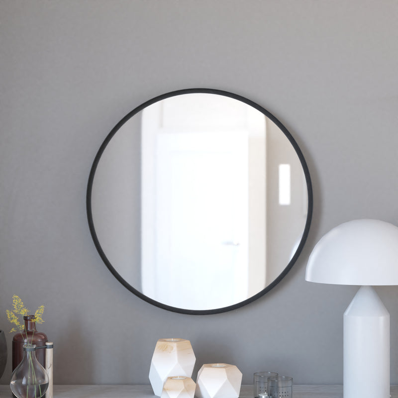 Monaco 27.5" Round Accent Wall Mirror in Black with Metal Frame for Bathroom, Vanity, Entryway, Dining Room, & Living Room