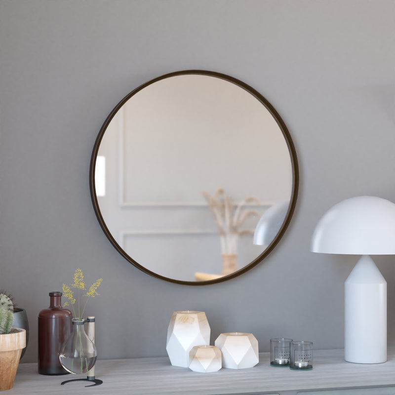 Monaco 27.5" Round Accent Wall Mirror in Bronze with Metal Frame for Bathroom, Vanity, Entryway, Dining Room, & Living Room