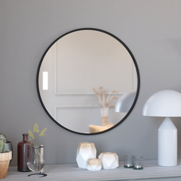 Monaco 30" Round Accent Wall Mirror in Black with Metal Frame for Bathroom, Vanity, Entryway, Dining Room, & Living Room
