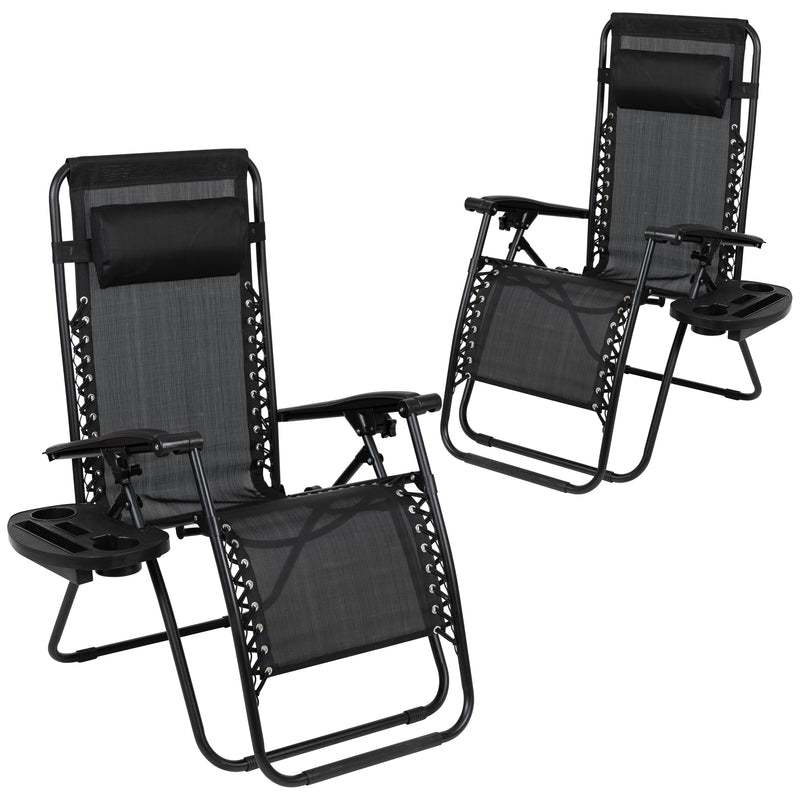Set of 2 Folding Mesh Upholstered Zero Gravity Chair with Removable Pillow and Cupholder Tray
