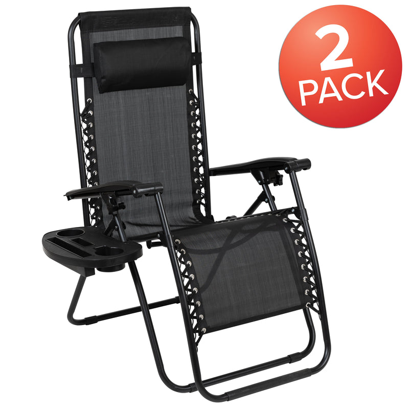 Set of 2 Folding Mesh Upholstered Zero Gravity Chair with Removable Pillow and Cupholder Tray