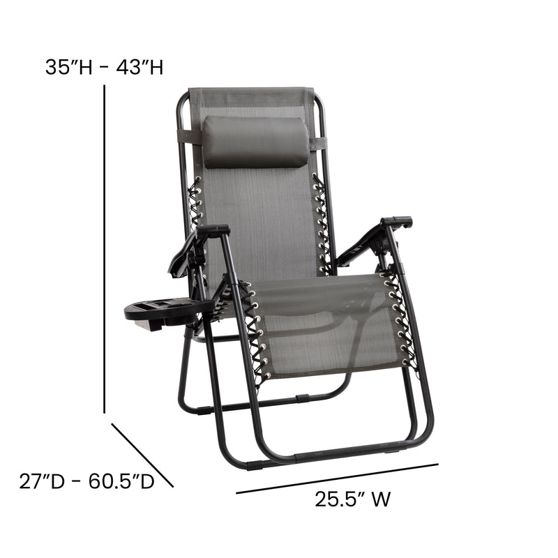 Set of 2 Folding Mesh Upholstered Zero Gravity Chair with Removable Pillow and Cupholder Tray