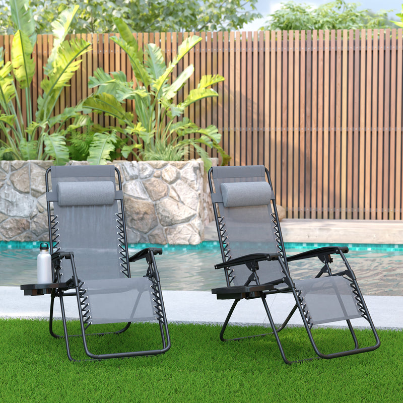 Set of 2 Folding Mesh Upholstered Zero Gravity Chair with Removable Pillow and Cupholder Tray