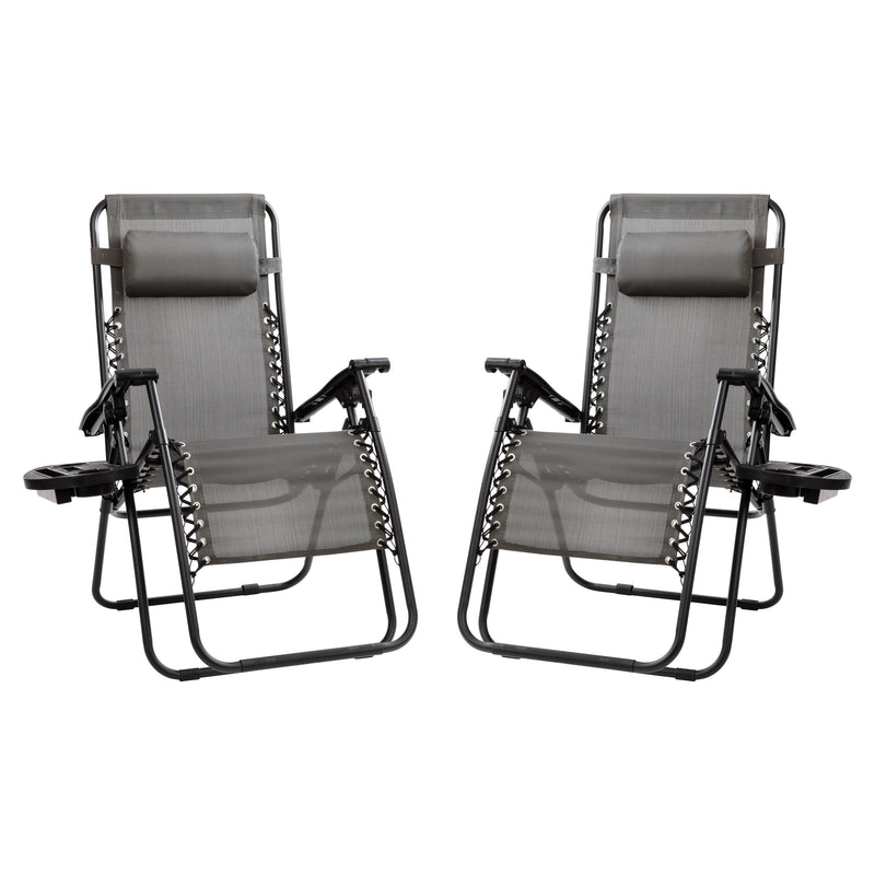 Set of 2 Folding Mesh Upholstered Zero Gravity Chair with Removable Pillow and Cupholder Tray