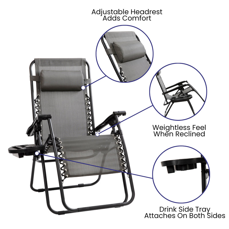 Set of 2 Folding Mesh Upholstered Zero Gravity Chair with Removable Pillow and Cupholder Tray
