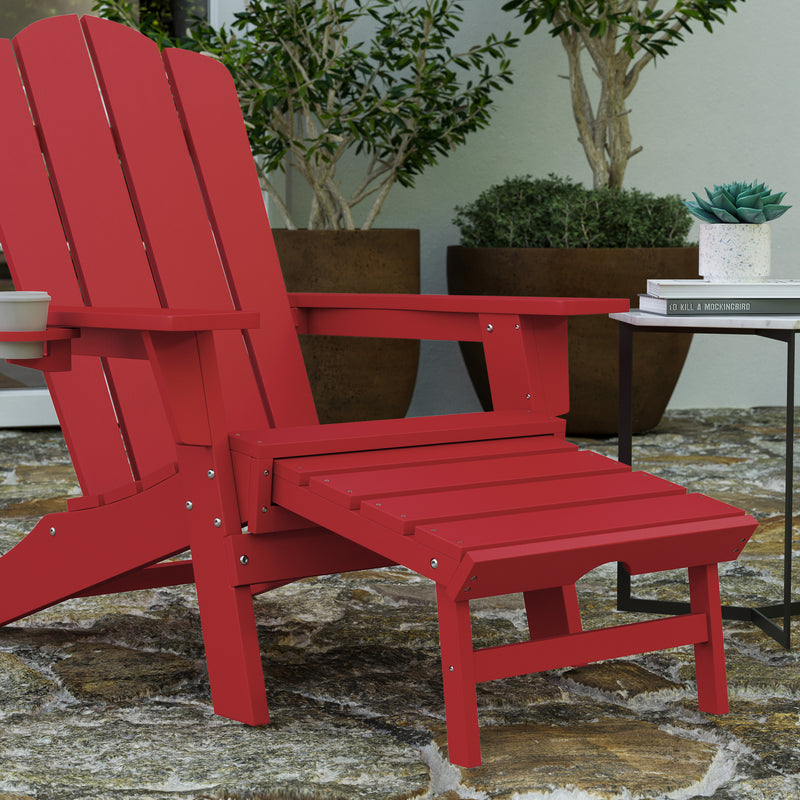 Ridley Adirondack Chair with Cup Holder and Pull Out Ottoman, All-Weather HDPE Indoor/Outdoor Lounge Chair in Red