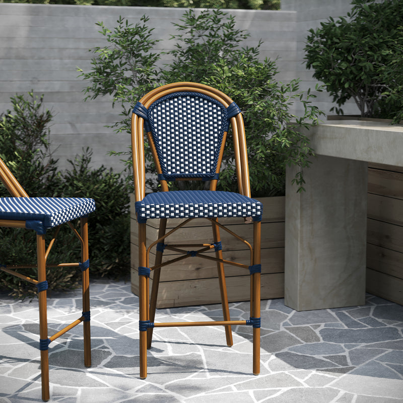 Sacha Set of Two Stacking French Bistro Counter Stools with Navy and White PE Seats and Back and Bamboo Finished Metal Frames for Indoor/Outdoor Use