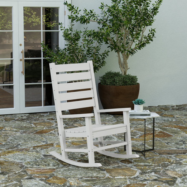 Fielder Contemporary Rocking Chair, All-Weather HDPE Indoor/Outdoor Rocker in White