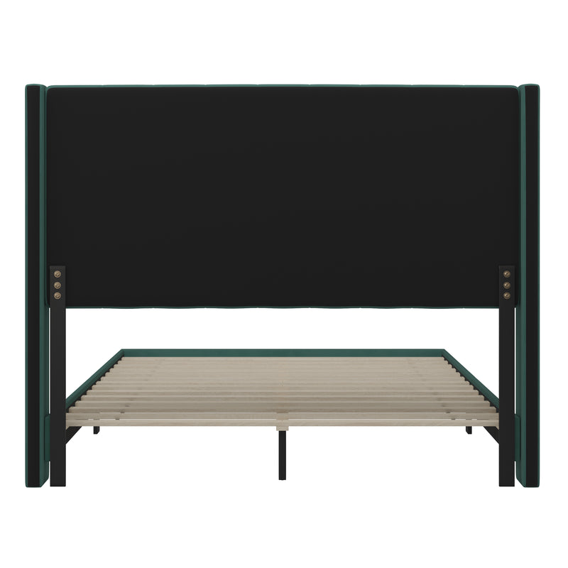 Sana Modern Emerald Velvet Upholstered Platform Bed Frame with Padded, Tufted Wingback Headboard and Wood Support Slats, No Box Spring Required