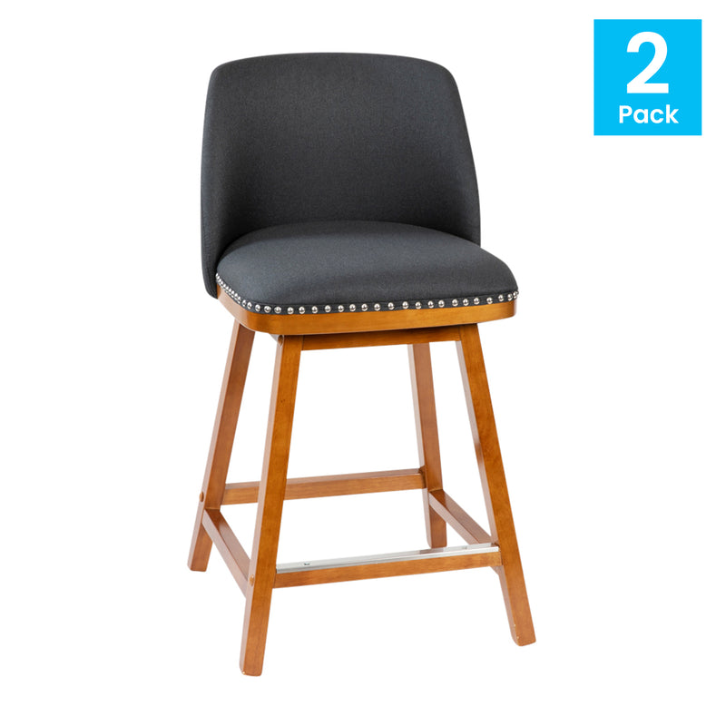 Ellie Set of 2 Charcoal Faux Linen Upholstered 24" Counter Stools with Nail Head Accent Trim and Walnut Wood Frames