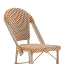 Celia Set of Two Indoor/Outdoor Stacking French Bistro Counter Stools with Natural and White Patterned Seats and Backs & Light Natural Metal Frames