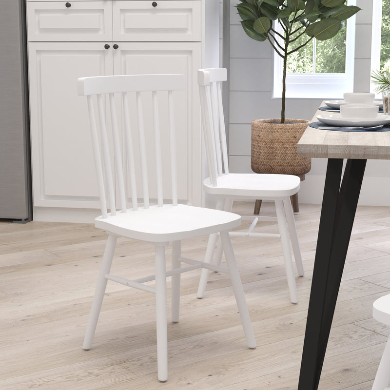 Torrin Set of Two Premium Solid Wood Spindle Back Dining Chairs in White with Saddle Seat and Floor Protectant Felt Pads