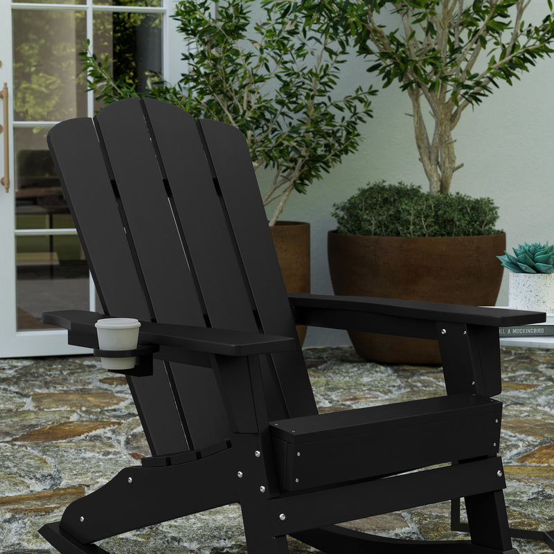 Ridley Adirondack Rocking Chair with Cup Holder, Weather Resistant HDPE Adirondack Rocking Chair in Black