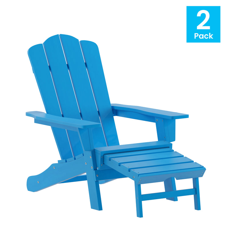 Ridley Adirondack Chair with Cup Holder and Pull Out Ottoman, All-Weather HDPE Indoor/Outdoor Lounge Chair in Blue, Set of 2