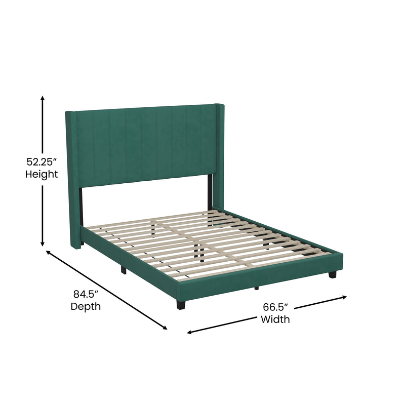 Sana Modern Emerald Velvet Upholstered Platform Bed Frame with Padded, Tufted Wingback Headboard and Wood Support Slats, No Box Spring Required