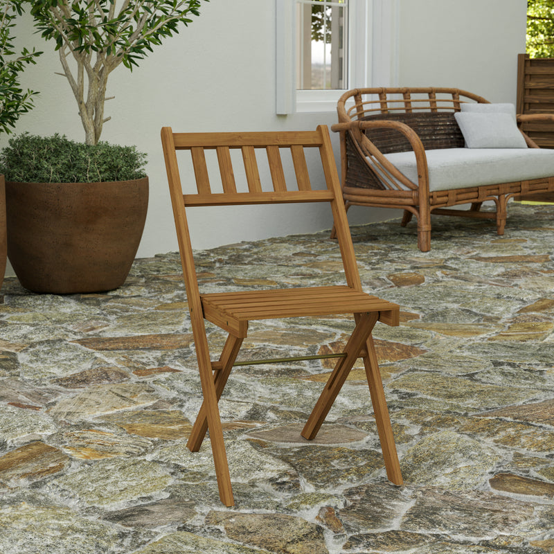 Stora Set of 2 Solid Acacia Wood Armless Folding Patio Bistro Chairs with Slatted Backs and Seats