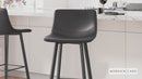 Oretha Set of 2 Modern Gray Faux Leather Upholstered Bar Stools with Contoured, Low Back Bucket Seats and Iron Frames