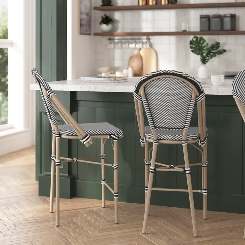 Mael Set of Two Stacking French Bistro Style Counter Stools with Textilene Seat and Bamboo Finished Metal Frame for Indoor/Outdoor Use